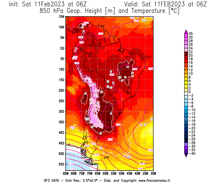 Mappa di analisi GFS - Geopotenziale [m] e Temperatura [°C] a 850 hPa in Sud-America
							del 11/02/2023 06 <!--googleoff: index-->UTC<!--googleon: index-->