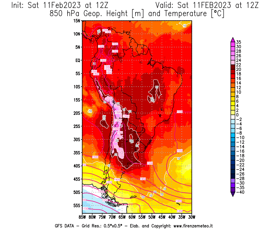 Mappa di analisi GFS - Geopotenziale [m] e Temperatura [°C] a 850 hPa in Sud-America
							del 11/02/2023 12 <!--googleoff: index-->UTC<!--googleon: index-->