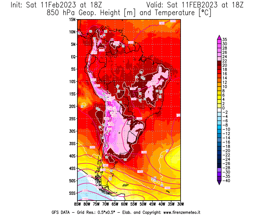 Mappa di analisi GFS - Geopotenziale [m] e Temperatura [°C] a 850 hPa in Sud-America
							del 11/02/2023 18 <!--googleoff: index-->UTC<!--googleon: index-->