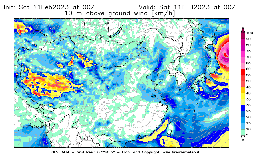 Mappa di analisi GFS - Velocità del vento a 10 metri dal suolo [km/h] in Asia Orientale
							del 11/02/2023 00 <!--googleoff: index-->UTC<!--googleon: index-->