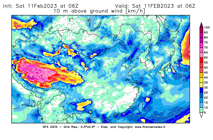 Mappa di analisi GFS - Velocità del vento a 10 metri dal suolo [km/h] in Asia Orientale
							del 11/02/2023 06 <!--googleoff: index-->UTC<!--googleon: index-->