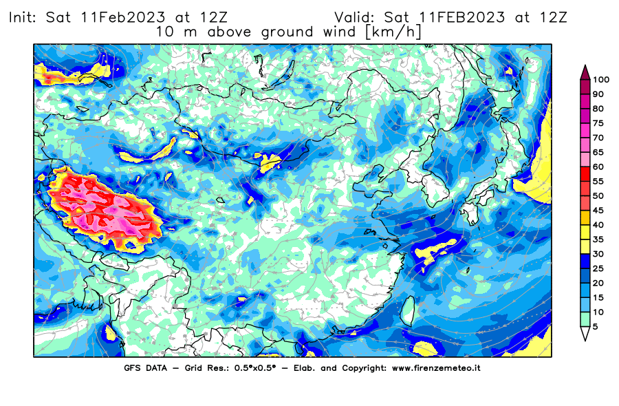 Mappa di analisi GFS - Velocità del vento a 10 metri dal suolo [km/h] in Asia Orientale
							del 11/02/2023 12 <!--googleoff: index-->UTC<!--googleon: index-->