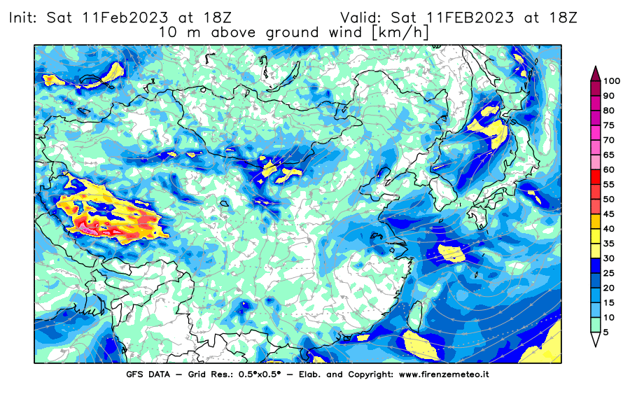 Mappa di analisi GFS - Velocità del vento a 10 metri dal suolo [km/h] in Asia Orientale
							del 11/02/2023 18 <!--googleoff: index-->UTC<!--googleon: index-->