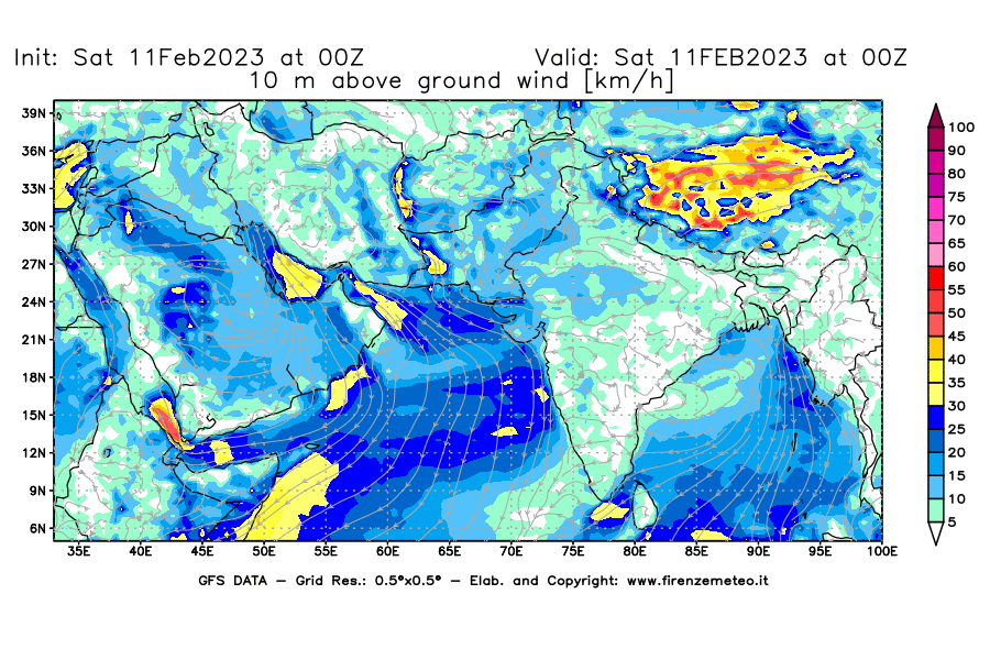 Mappa di analisi GFS - Velocità del vento a 10 metri dal suolo [km/h] in Asia Sud-Occidentale
							del 11/02/2023 00 <!--googleoff: index-->UTC<!--googleon: index-->