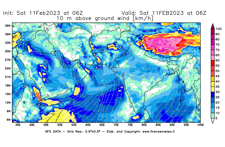 Mappa di analisi GFS - Velocità del vento a 10 metri dal suolo [km/h] in Asia Sud-Occidentale
							del 11/02/2023 06 <!--googleoff: index-->UTC<!--googleon: index-->