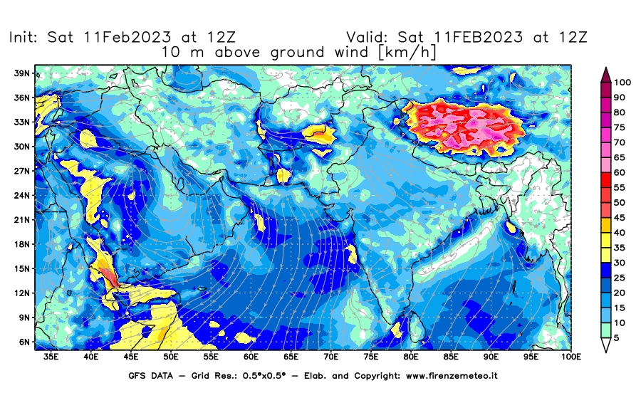 Mappa di analisi GFS - Velocità del vento a 10 metri dal suolo [km/h] in Asia Sud-Occidentale
							del 11/02/2023 12 <!--googleoff: index-->UTC<!--googleon: index-->