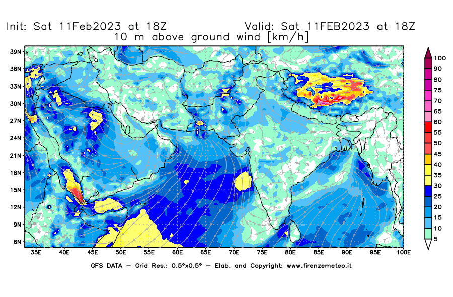 Mappa di analisi GFS - Velocità del vento a 10 metri dal suolo [km/h] in Asia Sud-Occidentale
							del 11/02/2023 18 <!--googleoff: index-->UTC<!--googleon: index-->