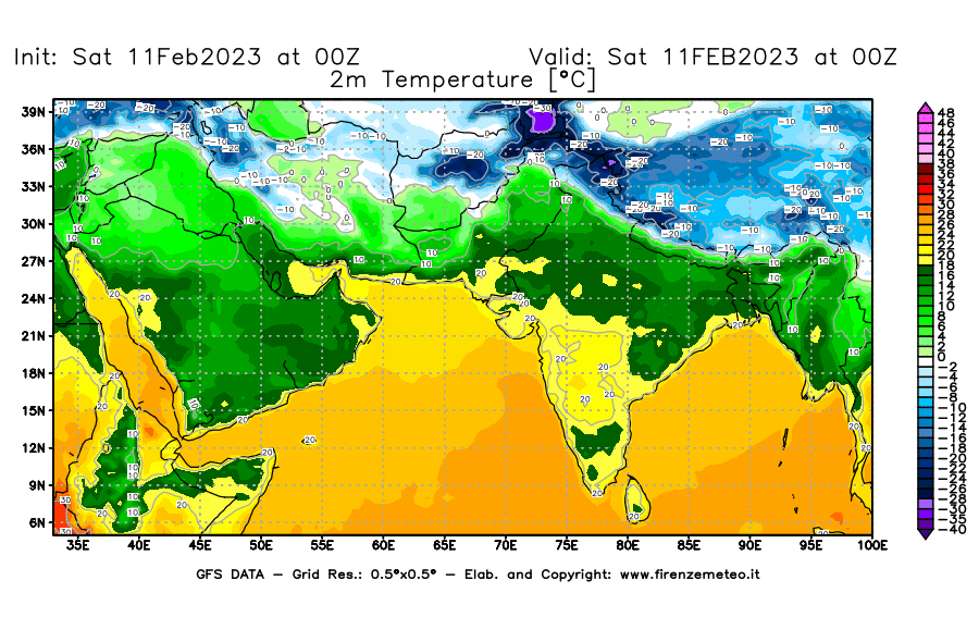 Mappa di analisi GFS - Temperatura a 2 metri dal suolo [°C] in Asia Sud-Occidentale
							del 11/02/2023 00 <!--googleoff: index-->UTC<!--googleon: index-->