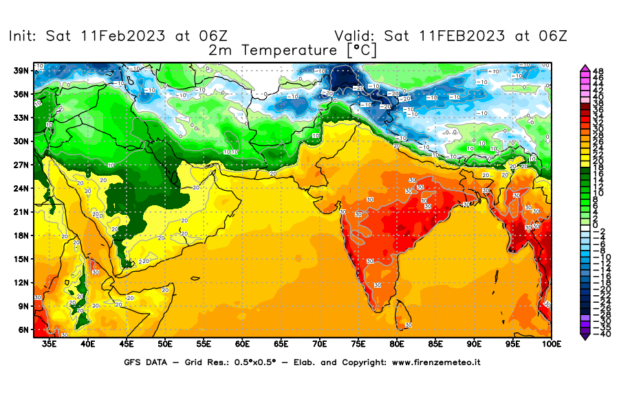 Mappa di analisi GFS - Temperatura a 2 metri dal suolo [°C] in Asia Sud-Occidentale
							del 11/02/2023 06 <!--googleoff: index-->UTC<!--googleon: index-->