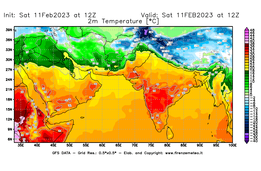 Mappa di analisi GFS - Temperatura a 2 metri dal suolo [°C] in Asia Sud-Occidentale
							del 11/02/2023 12 <!--googleoff: index-->UTC<!--googleon: index-->