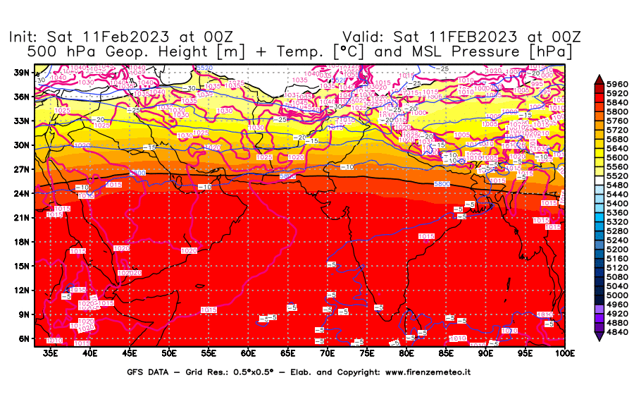 Mappa di analisi GFS - Geopotenziale [m] + Temp. [°C] a 500 hPa + Press. a livello del mare [hPa] in Asia Sud-Occidentale
							del 11/02/2023 00 <!--googleoff: index-->UTC<!--googleon: index-->