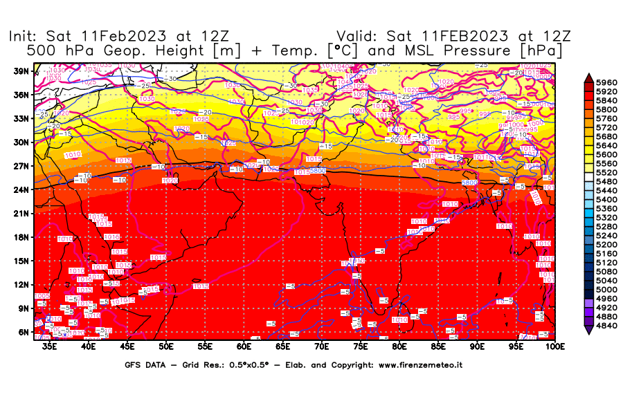 Mappa di analisi GFS - Geopotenziale [m] + Temp. [°C] a 500 hPa + Press. a livello del mare [hPa] in Asia Sud-Occidentale
							del 11/02/2023 12 <!--googleoff: index-->UTC<!--googleon: index-->