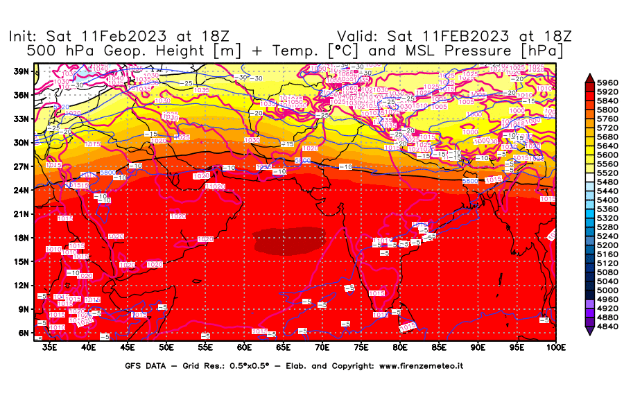 Mappa di analisi GFS - Geopotenziale [m] + Temp. [°C] a 500 hPa + Press. a livello del mare [hPa] in Asia Sud-Occidentale
							del 11/02/2023 18 <!--googleoff: index-->UTC<!--googleon: index-->