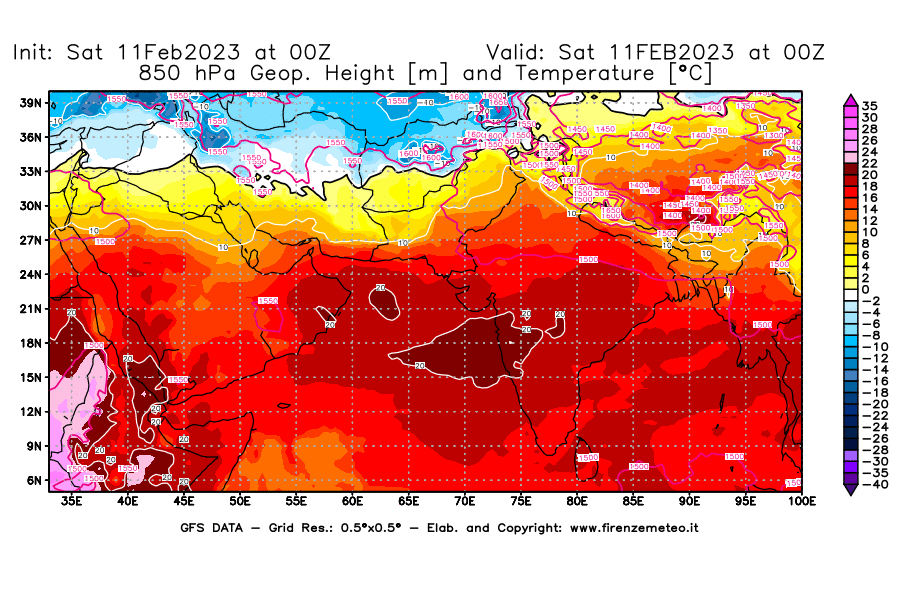 Mappa di analisi GFS - Geopotenziale [m] e Temperatura [°C] a 850 hPa in Asia Sud-Occidentale
							del 11/02/2023 00 <!--googleoff: index-->UTC<!--googleon: index-->