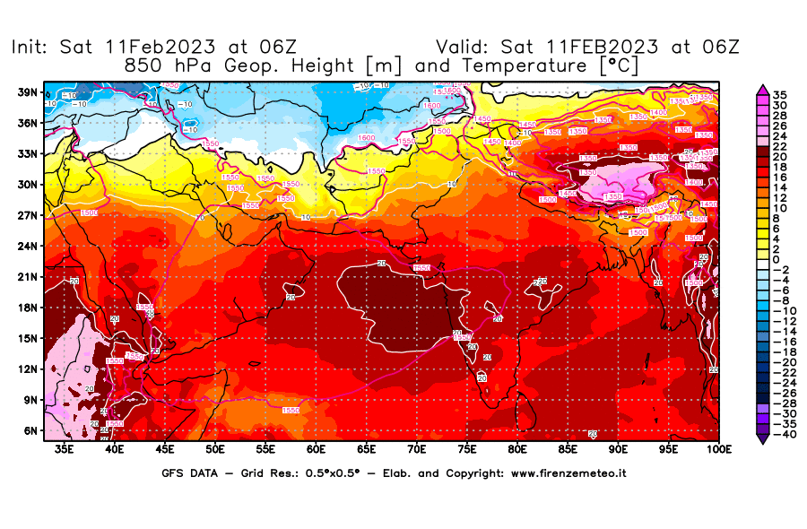 Mappa di analisi GFS - Geopotenziale [m] e Temperatura [°C] a 850 hPa in Asia Sud-Occidentale
							del 11/02/2023 06 <!--googleoff: index-->UTC<!--googleon: index-->