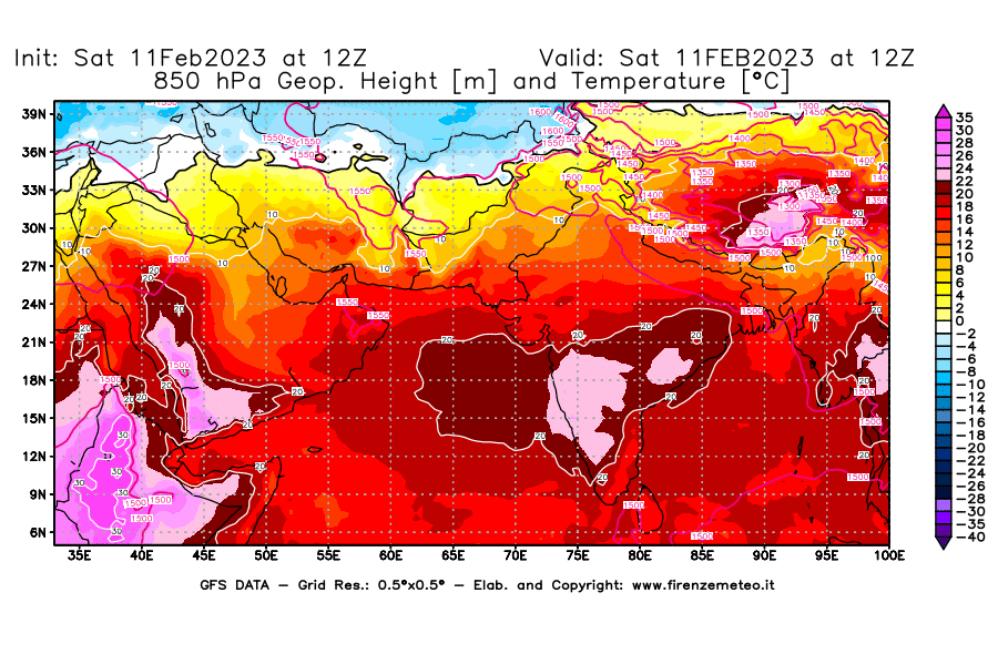Mappa di analisi GFS - Geopotenziale [m] e Temperatura [°C] a 850 hPa in Asia Sud-Occidentale
							del 11/02/2023 12 <!--googleoff: index-->UTC<!--googleon: index-->