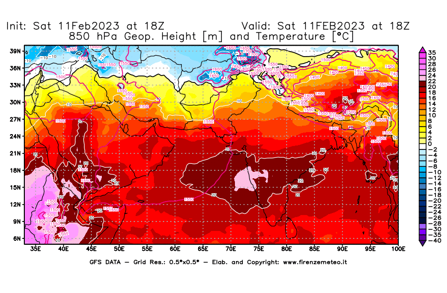 Mappa di analisi GFS - Geopotenziale [m] e Temperatura [°C] a 850 hPa in Asia Sud-Occidentale
							del 11/02/2023 18 <!--googleoff: index-->UTC<!--googleon: index-->