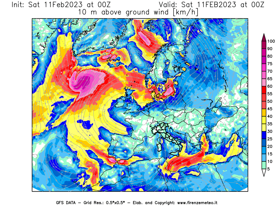 Mappa di analisi GFS - Velocità del vento a 10 metri dal suolo [km/h] in Europa
							del 11/02/2023 00 <!--googleoff: index-->UTC<!--googleon: index-->
