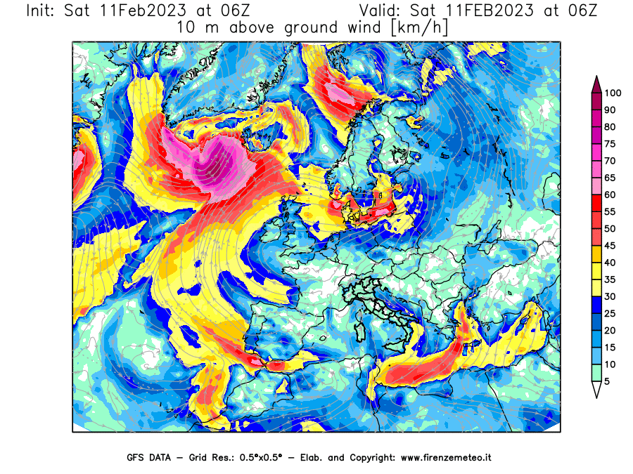 Mappa di analisi GFS - Velocità del vento a 10 metri dal suolo [km/h] in Europa
							del 11/02/2023 06 <!--googleoff: index-->UTC<!--googleon: index-->