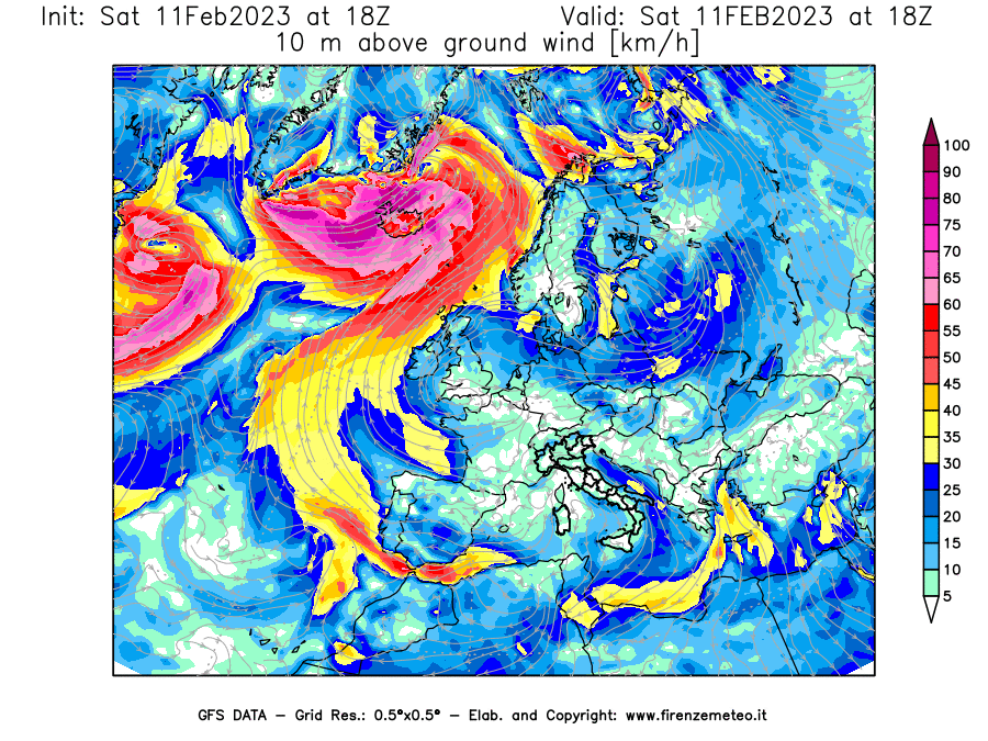 Mappa di analisi GFS - Velocità del vento a 10 metri dal suolo [km/h] in Europa
							del 11/02/2023 18 <!--googleoff: index-->UTC<!--googleon: index-->