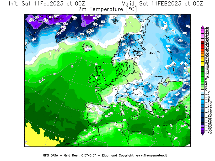 Mappa di analisi GFS - Temperatura a 2 metri dal suolo [°C] in Europa
							del 11/02/2023 00 <!--googleoff: index-->UTC<!--googleon: index-->