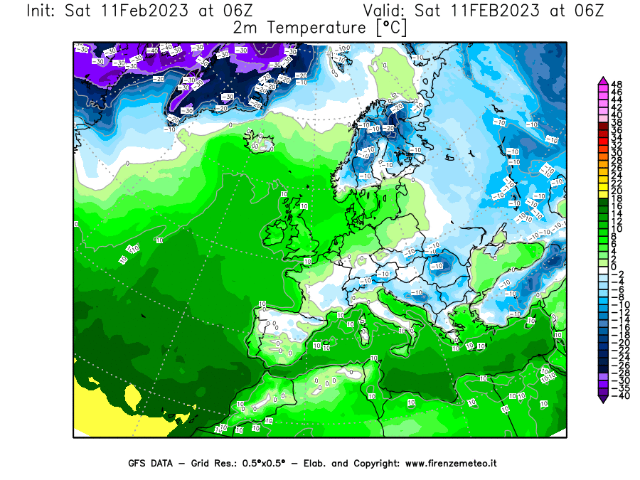 Mappa di analisi GFS - Temperatura a 2 metri dal suolo [°C] in Europa
							del 11/02/2023 06 <!--googleoff: index-->UTC<!--googleon: index-->