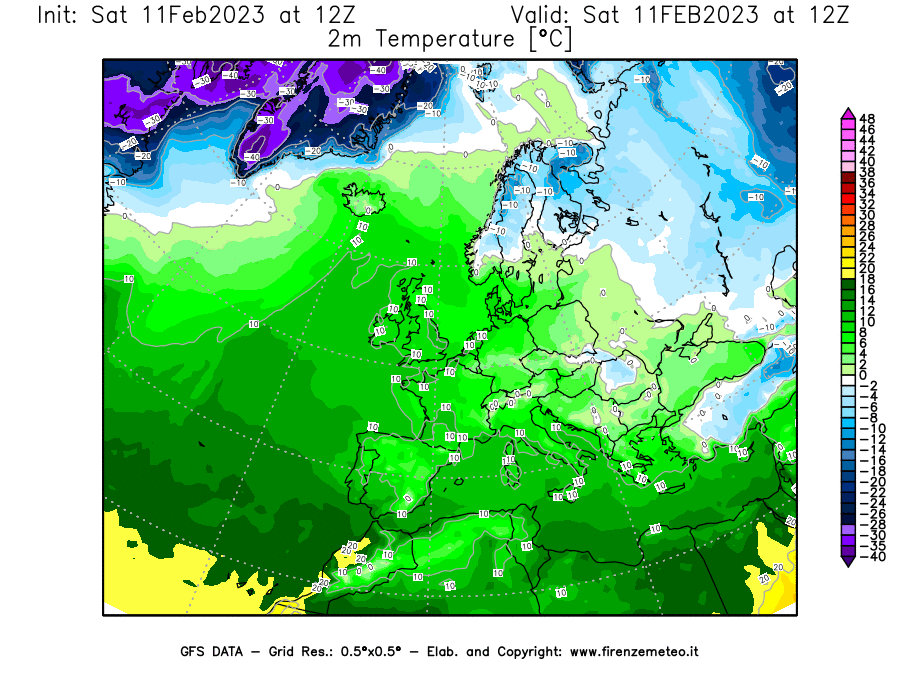 Mappa di analisi GFS - Temperatura a 2 metri dal suolo [°C] in Europa
							del 11/02/2023 12 <!--googleoff: index-->UTC<!--googleon: index-->