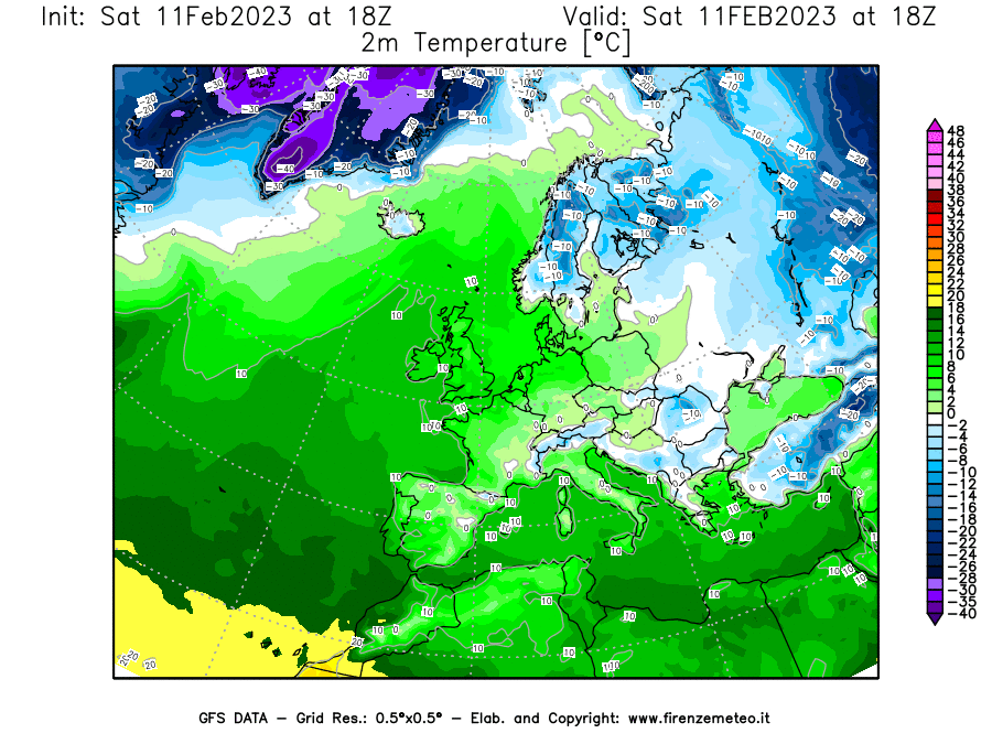 Mappa di analisi GFS - Temperatura a 2 metri dal suolo [°C] in Europa
							del 11/02/2023 18 <!--googleoff: index-->UTC<!--googleon: index-->