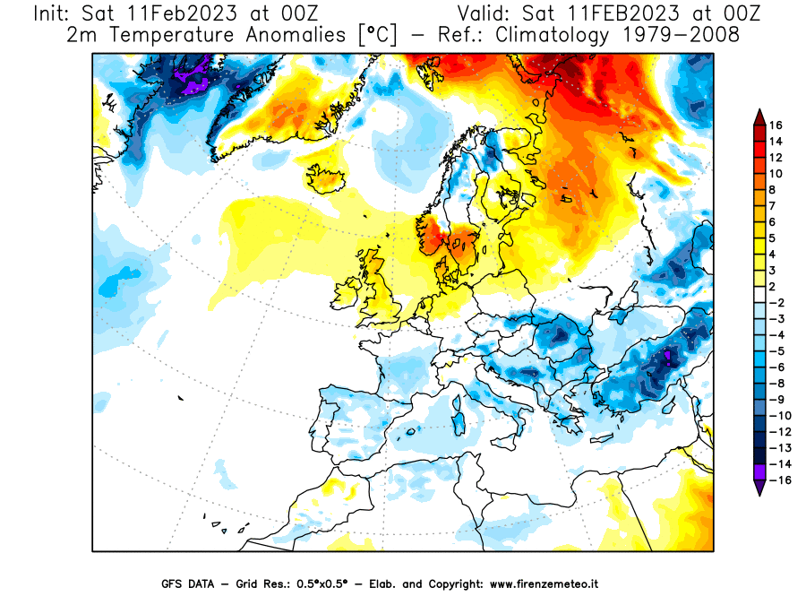 Mappa di analisi GFS - Anomalia Temperatura [°C] a 2 m in Europa
							del 11/02/2023 00 <!--googleoff: index-->UTC<!--googleon: index-->