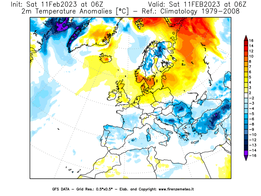 Mappa di analisi GFS - Anomalia Temperatura [°C] a 2 m in Europa
							del 11/02/2023 06 <!--googleoff: index-->UTC<!--googleon: index-->