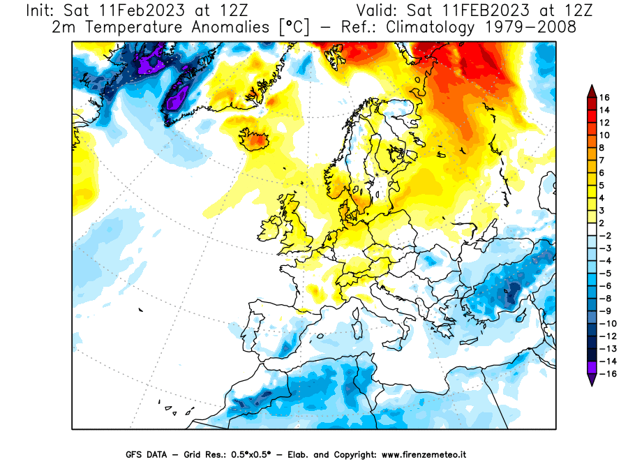Mappa di analisi GFS - Anomalia Temperatura [°C] a 2 m in Europa
							del 11/02/2023 12 <!--googleoff: index-->UTC<!--googleon: index-->
