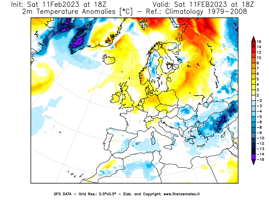 Mappa di analisi GFS - Anomalia Temperatura [°C] a 2 m in Europa
							del 11/02/2023 18 <!--googleoff: index-->UTC<!--googleon: index-->