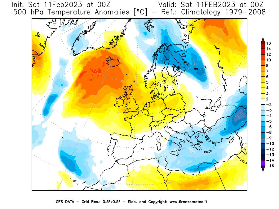 Mappa di analisi GFS - Anomalia Temperatura [°C] a 500 hPa in Europa
							del 11/02/2023 00 <!--googleoff: index-->UTC<!--googleon: index-->