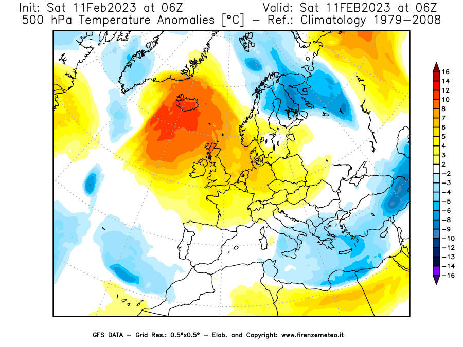 Mappa di analisi GFS - Anomalia Temperatura [°C] a 500 hPa in Europa
							del 11/02/2023 06 <!--googleoff: index-->UTC<!--googleon: index-->