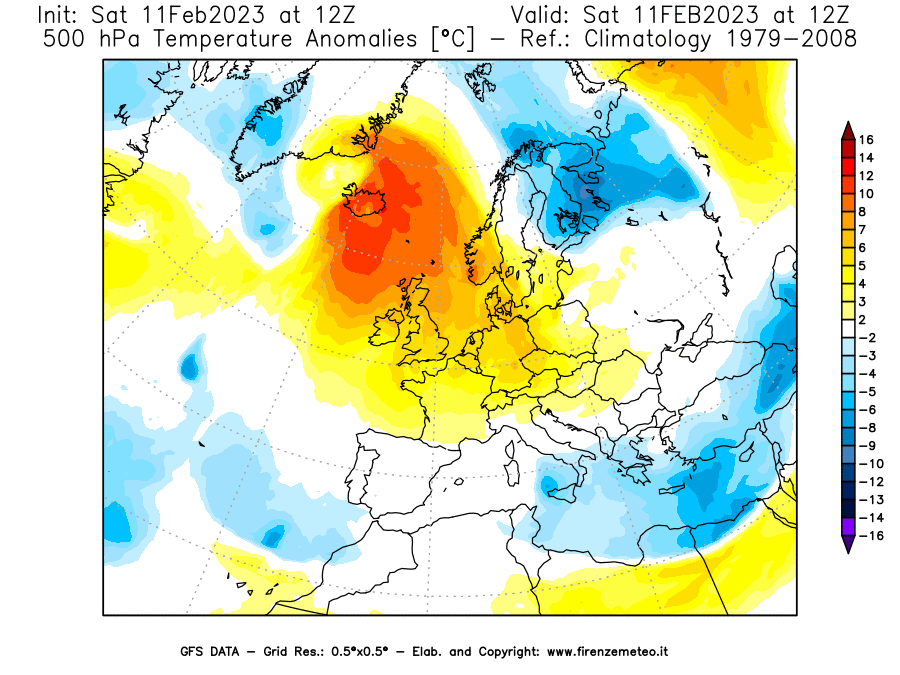 Mappa di analisi GFS - Anomalia Temperatura [°C] a 500 hPa in Europa
							del 11/02/2023 12 <!--googleoff: index-->UTC<!--googleon: index-->