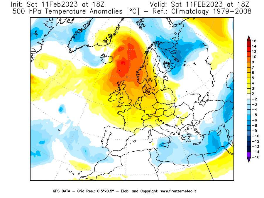 Mappa di analisi GFS - Anomalia Temperatura [°C] a 500 hPa in Europa
							del 11/02/2023 18 <!--googleoff: index-->UTC<!--googleon: index-->