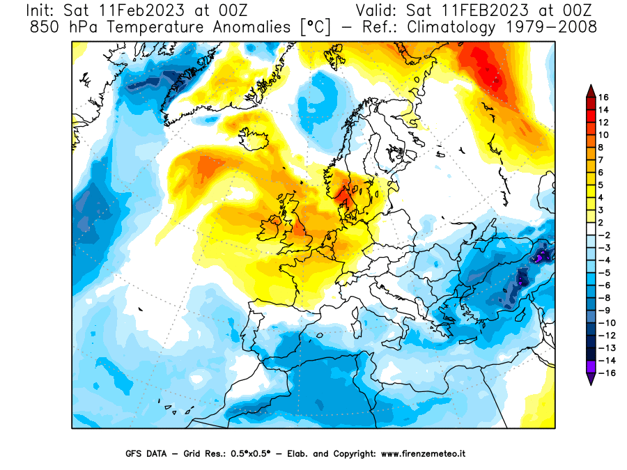 Mappa di analisi GFS - Anomalia Temperatura [°C] a 850 hPa in Europa
							del 11/02/2023 00 <!--googleoff: index-->UTC<!--googleon: index-->