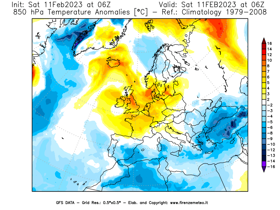 Mappa di analisi GFS - Anomalia Temperatura [°C] a 850 hPa in Europa
							del 11/02/2023 06 <!--googleoff: index-->UTC<!--googleon: index-->