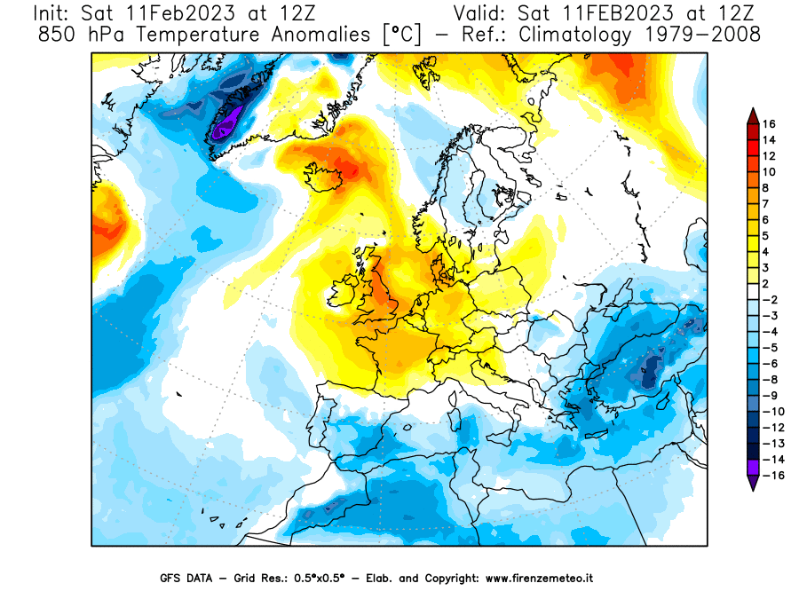 Mappa di analisi GFS - Anomalia Temperatura [°C] a 850 hPa in Europa
							del 11/02/2023 12 <!--googleoff: index-->UTC<!--googleon: index-->