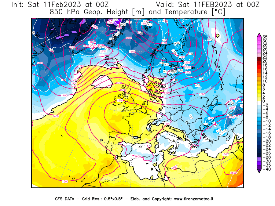Mappa di analisi GFS - Geopotenziale [m] e Temperatura [°C] a 850 hPa in Europa
							del 11/02/2023 00 <!--googleoff: index-->UTC<!--googleon: index-->
