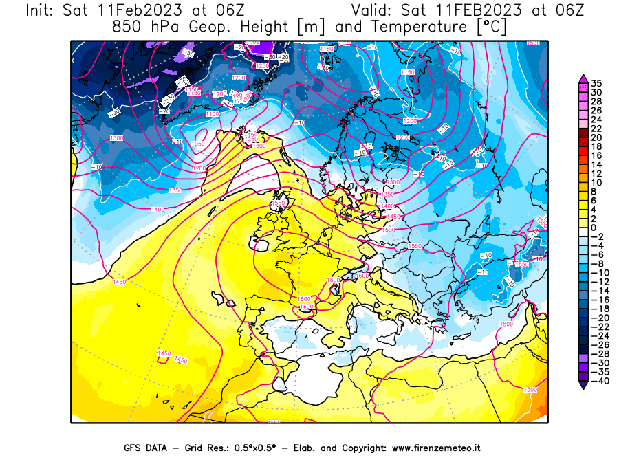 Mappa di analisi GFS - Geopotenziale [m] e Temperatura [°C] a 850 hPa in Europa
							del 11/02/2023 06 <!--googleoff: index-->UTC<!--googleon: index-->