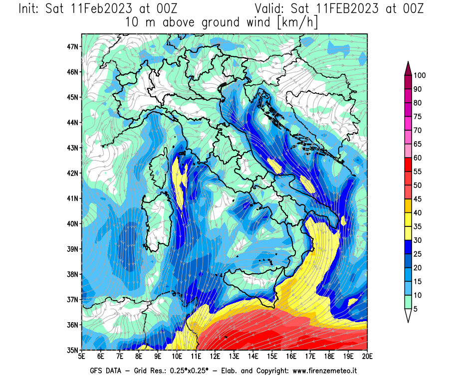Mappa di analisi GFS - Velocità del vento a 10 metri dal suolo [km/h] in Italia
							del 11/02/2023 00 <!--googleoff: index-->UTC<!--googleon: index-->