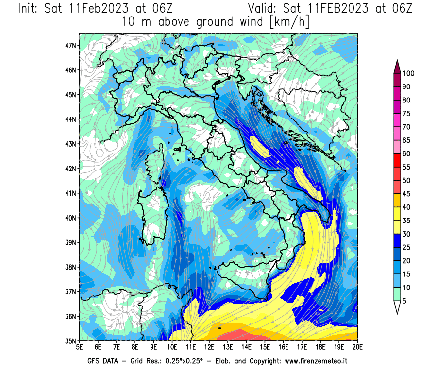 Mappa di analisi GFS - Velocità del vento a 10 metri dal suolo [km/h] in Italia
							del 11/02/2023 06 <!--googleoff: index-->UTC<!--googleon: index-->