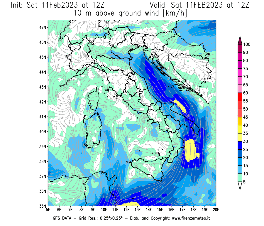 Mappa di analisi GFS - Velocità del vento a 10 metri dal suolo [km/h] in Italia
							del 11/02/2023 12 <!--googleoff: index-->UTC<!--googleon: index-->