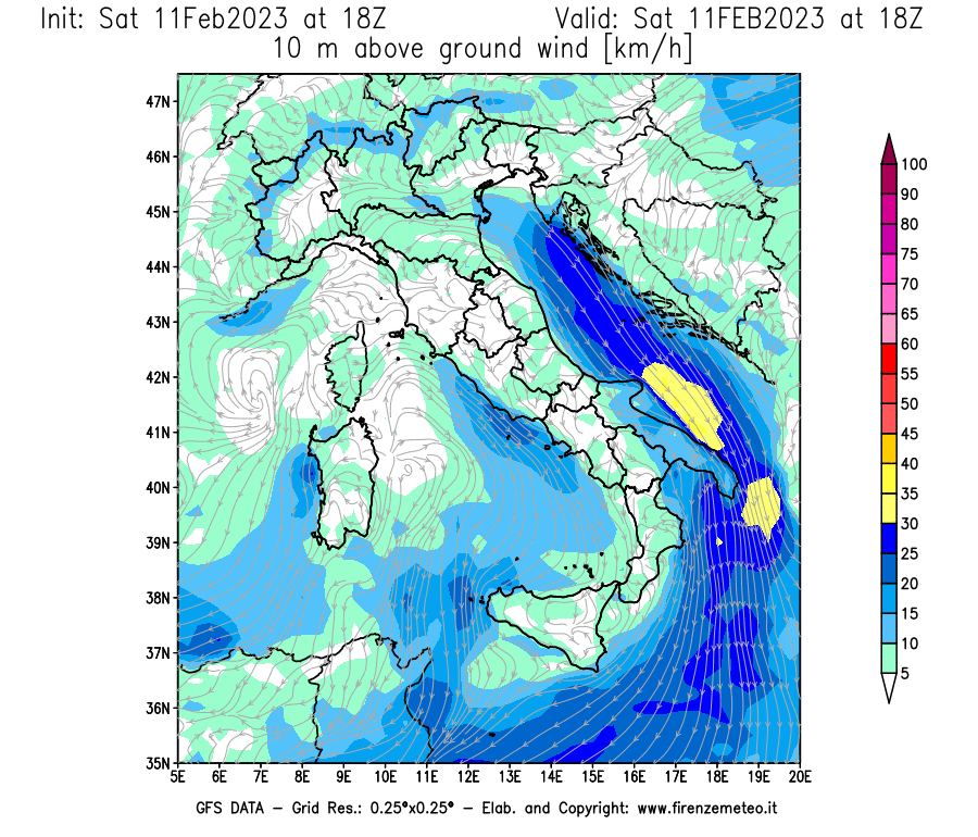 Mappa di analisi GFS - Velocità del vento a 10 metri dal suolo [km/h] in Italia
							del 11/02/2023 18 <!--googleoff: index-->UTC<!--googleon: index-->