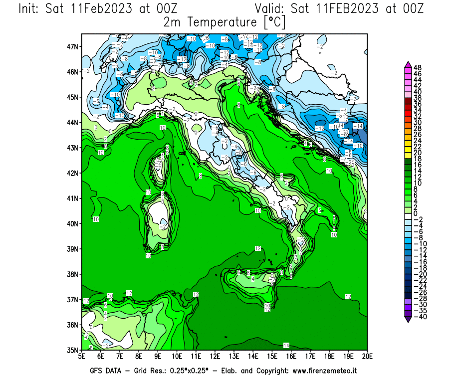 Mappa di analisi GFS - Temperatura a 2 metri dal suolo [°C] in Italia
							del 11/02/2023 00 <!--googleoff: index-->UTC<!--googleon: index-->