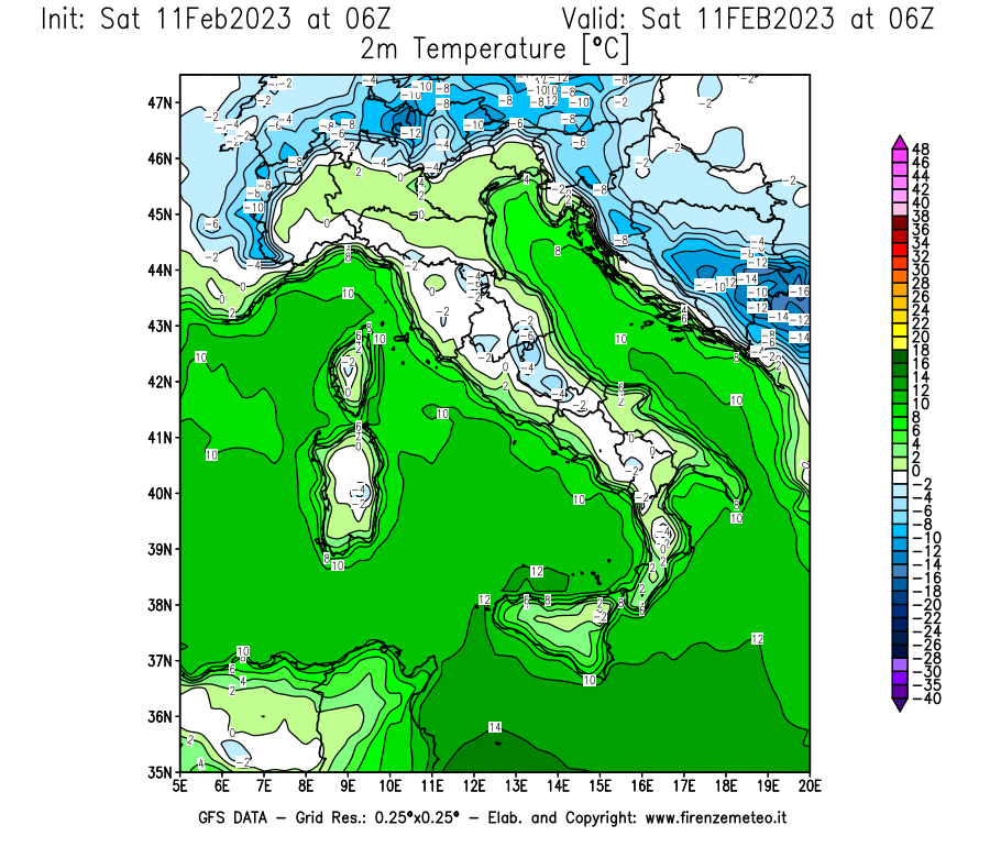Mappa di analisi GFS - Temperatura a 2 metri dal suolo [°C] in Italia
							del 11/02/2023 06 <!--googleoff: index-->UTC<!--googleon: index-->