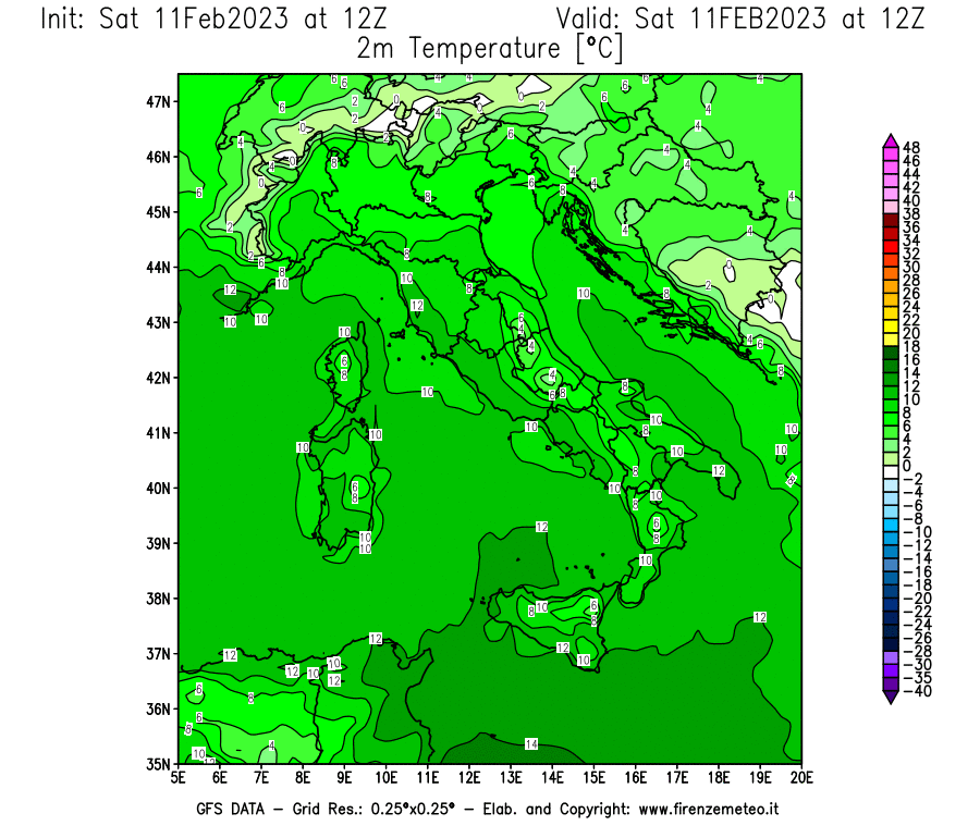 Mappa di analisi GFS - Temperatura a 2 metri dal suolo [°C] in Italia
							del 11/02/2023 12 <!--googleoff: index-->UTC<!--googleon: index-->