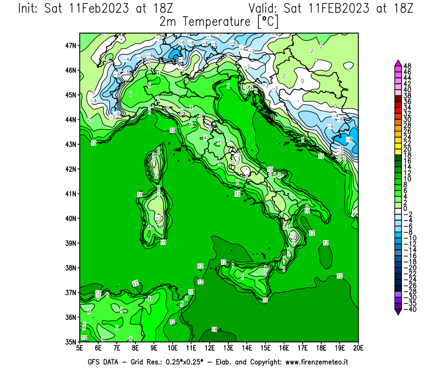 Mappa di analisi GFS - Temperatura a 2 metri dal suolo [°C] in Italia
							del 11/02/2023 18 <!--googleoff: index-->UTC<!--googleon: index-->