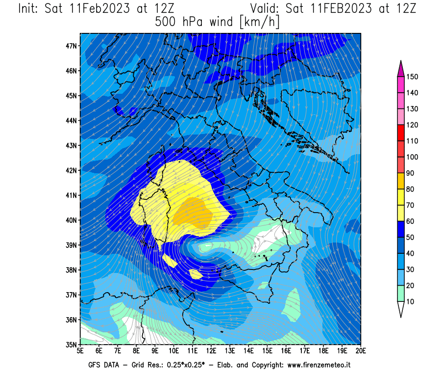 Mappa di analisi GFS - Velocità del vento a 500 hPa [km/h] in Italia
							del 11/02/2023 12 <!--googleoff: index-->UTC<!--googleon: index-->